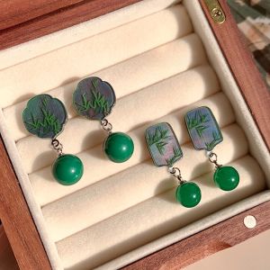 Elegant Green Agate Bamboo Earrings for Women Unique Vintage Chinese Style Autumn Winter Fashion Jewelry Accessories