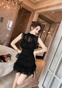 ZY·HT 2024 New Dress Womens French Retro Pleated Cake Ruffled Mini Black Prom Dinner Dress 5904 eravogue