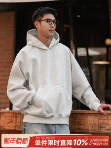 เสื้อสเวตเตอร์มีฮู้ดคอกลมสไตล์ย้อนยุคแบบลำลองสำหรับผู้ชาย ทรงหลวม ความหนาปกติ วัสดุผสมคอตตอนและโพลีเอสเตอร์