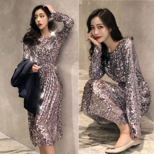 Shiny Sequin Slimming High Waist Long Sleeve Base Layer Skirt Womens Evening Gown Spring Autumn New Style Mid-Length A-Line Dress