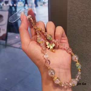 Fashionable Short Crystal Bracelet Handheld Mobile Phone Strap Butterfly Pendant Keychain Handmade Beading Phone Case Accessory