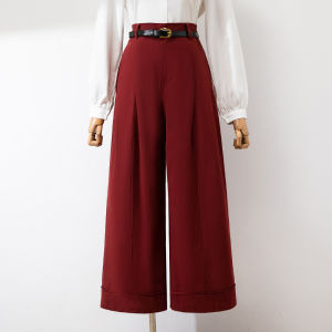 กางเกงขายาวทรงหลวมสีน้ำเงินเข้มสำหรับผู้หญิง กางเกงขายาวทรงตรงลำลอง กางเกงขายาวทรงตรงผ้าฝ้ายซักได้ ฤดูใบไม้ผลิและฤดูใบไม้ร่วง