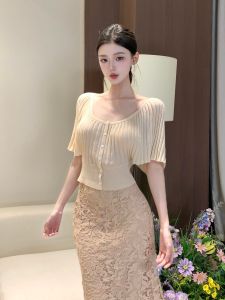 YUEZHONGWEI | Quần Áo Knitwear Cổ U Thon Gọn Sang Trọng Từ Lụa Băng