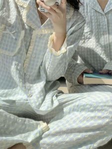 Mùa Thu Mùa Đông Kẻ Caro Đồ Ngủ Nữ Dễ Thương Tay Dài Bằng Ren Thoải Mái Bộ Quần Áo Gia Đình Cotton Vải Bông Polyester Quần Áo Gia Đình Phong Cách Trẻ Trung