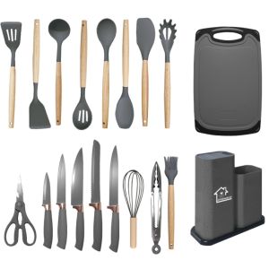 Silicone Kitchen Utensils Set 19PCS Cooking Spatula Set Stainless Steel Knife Sets Non Stick Wooden Handle Gray