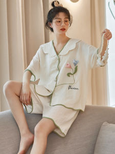 ชุดนอนผู้หญิงฤดูร้อนแขนสั้นบาง ปักลาย ผ้าฝ้ายถัก ชุดอยู่บ้าน ชุดนอนผู้หญิง เสื้อผ้าผู้หญิง แฟชั่นฤดูร้อน 2023