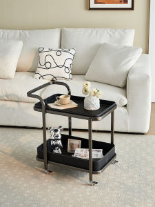 Modern Italian Style Mobile Sofa Side Table with Wheels Leather Corner Table Living Room Small Caddy Storage Space Stainless Steel