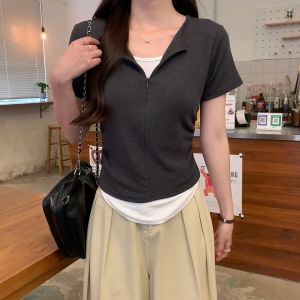 Korean Womens Fashion Solid Color Double Zipper Round Neck Short Sleeved T-Shirt