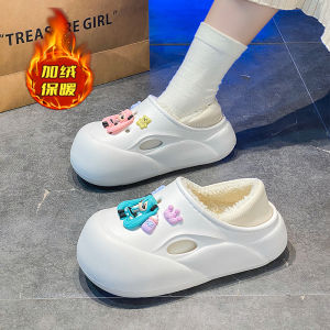 Thickened Fleece Winter Warm Womens Clog Shoes Cartoon Coal Ball Head Cover Slippers Comfortable Home Slip-On Sandals