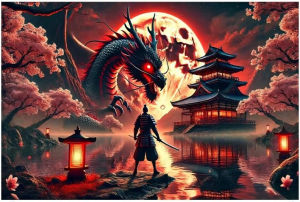 Jigsaw Puzzle Japanese Samurai Vs Dragon Red Moon Sakura Temple Fantasy Art For Adults Great Family Fun Brain Teaser Gift