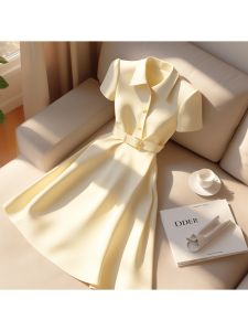 ชุดเดรสแขนสั้นสีเหลืองสไตล์ฝรั่งเศส ชุดทำงาน ชุดราตรี ชุดทำงาน ชุดเดรสยาวปานกลาง ทรงเอ คอโปโล กระโปรงทรงเอ