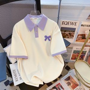 สีม่วง เสื้อยืดแขนสั้นคอโปโล Flocking Butterfly ผู้หญิง Milk Huhu Salt System College Style Age-retro เวอร์ชั่นเกาหลี เสื้อท่อนบน