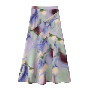 Retro Dyeing Print Silk A-Line Mini Skirt Womens Spring Luminous Polyester Fiber High Waist Commute Style Floral Skirt