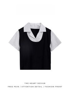 ชิค เสื้อเชิ้ตลายทาง เสื้อกั๊ก ผู้หญิง ฤดูร้อน แขนสั้นบาง เสื้อท่อนบน โพลีเอสเตอร์ Fiber Straight Cut สไตล์เกาหลี แฟชั่นการเดินทางสํานักงาน