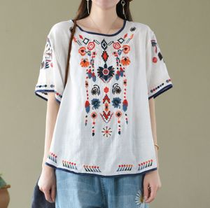 LUCKIN STORE ผ้าลินินฝ้ายแบบปักเสื้อยืดผู้หญิงฤดูร้อน O-คอสั้นแขนเสื้อหลวม