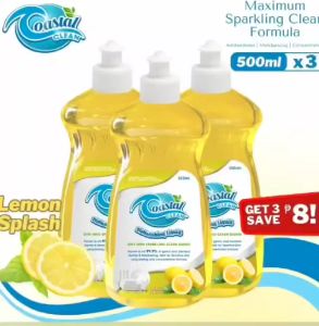 Coastal Clean Pack of 3 500ml Dishwashing Liquid Natural Lemon Degreaser Dish Soap with Moisturizer Antibacterial Kitchen