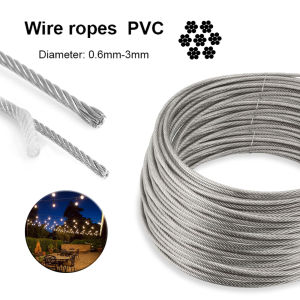 5/10m 7x7 Plastic-Coated Stainless Steel Wire Rope Rubberized Rope Balcony Grape Trellis Rope 0.6mm/0.8mm/1mm/1.2mm/1.5mm/2mm/3m