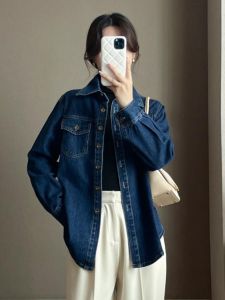 Womens Denim Shirt Jacket Loose Casual Mid-Length Pure Cotton Feel Deep Blue Versatile Top Spring Fashion Outerwear