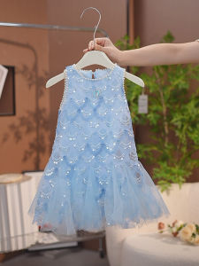 Sleeveless Mermaid Scale Sequin Net Mesh Pearl Decorated Dress