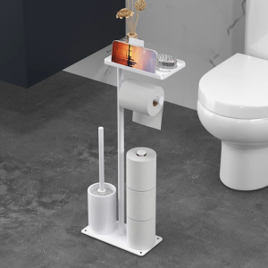Floor Stand Toilet Paper Holder Brush Holder Vertical Paper Roll Holder Tissue Holder Bathroom Organizer Storage Rack with Phone Holder