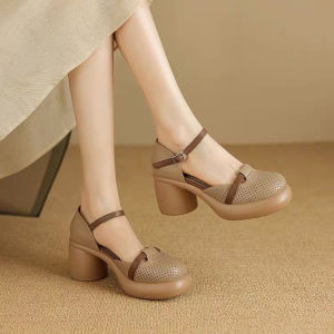 Genuine Leather Retro Style Color Block Thick Heel High Heel Sandals Women Summer Head Covered Hollow out Casual Roman Shoes