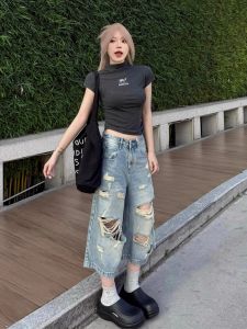 กางเกงยีนส์ทรงหลวมเอวสูงทรงหลวมสไตล์สตรีทสไตล์อเมริกันสำหรับผู้หญิงในช่วงฤดูร้อน กางเกงขายาวทรงตรงขาดๆ ทรงเก่า กางเกงขาสั้นทรงหลวม