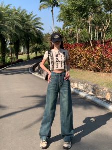 กางเกงขากว้างเอวสูงสไตล์เกาหลี กางเกงยีนส์สำหรับแนววินเทจ กางเกงยีนส์ทรงขากระบอกขาไม่บาน นื้อผ้าดีระบายอากาศใส่สบาย