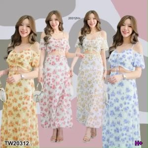 TW20312 Set 2 ชิ้น เสื้อสายเดี่ยว แต่งโบว์หน้า + กระโปรงยาว ..