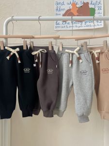 Baby Fleece Lined Sports Pants Autumn Winter Integrated Fleece Cuffed Casual Warm Childrens Clothing Cotton Elastic Waistband