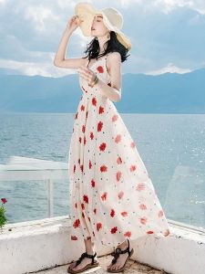 Sweet Bohemian Style Backless Strap Long Dress for Women Summer Vacation Beach Holiday High Waist Chiffon Gown A-Line Skirt