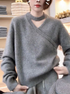 QINGNAER | Korean Inspired Luxurious Large Size Casual Retro Grey Off-Shoulder Hollow-out Long Sleeve Sweater