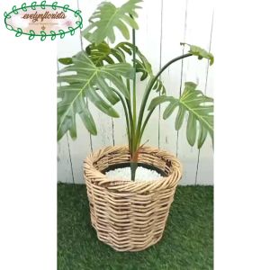 Pohon Hias Daun Jari Philo X7 Latex Imitasi Pot Dasar Hitam Cover Keranjang Rotan Bulat Hiasan Ruangan