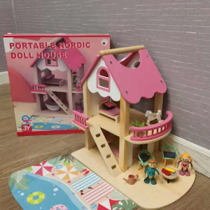 Nordic Wooden Dollhouse Room for Girls Childrens Toy Castle Pretend Play House Dollhouse Furniture Indoor Play Educational Toy