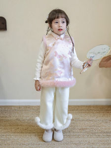 Girls Winter Thickened Fleece Lined Windbreaker Vest Childrens New Years Celebration Hanfu Set Traditional Chinese Costume