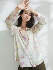 Miccbeirn | 100% Silk Long Sleeve Shirt Vintage Floral Print Vacation Style Womens Top Loose Fit Commute Wind Button Detail Summer 2025