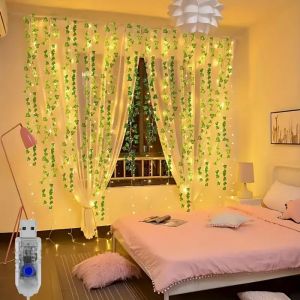 1PC 3M100LED8 Mode USB Artificial Ivy Leaf Curtain Light String Warm White Light Suitable for Outdoor Garden Walls Balconies