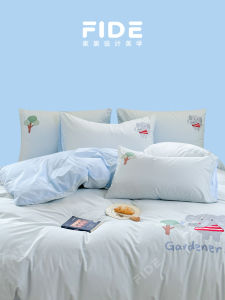 FIDE A-Class Cotton Quilt Set  Light Blue Embroidered Cute Elephant Washed All Cotton Four-Piece Bedding Student Dormitory