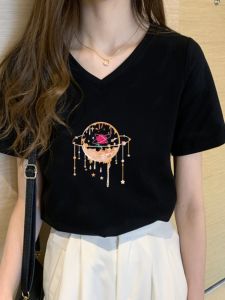 Super Popular Korean Style Top Clothes Stylish Niche Style Slim Looking with High Waist Loose-Fitting Pure Cotton Short Sleeves T-Shirt Womens Clothing Ins Trendy Summer