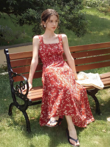 INMAN | Retro French Style Red Floral Sleeveless Square Neck A-Line Dress