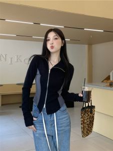 เสื้อยืดคอโปโลแขนยาวทรงสลิมฟิตสำหรับผู้หญิงไซส์ใหญ่ ทรงเข้ารูป ทรงเข้ารูป สีบล็อก แฟชั่นฤดูใบไม้ร่วง