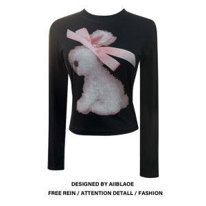 Áo Thun Tay Dài Cổ Cao in Hình Thỏ Màu Đen Cỡ Lớn Cho Nữ Mùa Thu Phong Cách Ngọt Ngào Cay Nồng Thời Trang Công Sở