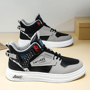 High-Top Mens Shoes Winter Sports Casual Board Shoes Teenagers Heightening Anti-Slip Leather Surface Waterproof Black Mid-Cut Trendy Shoes