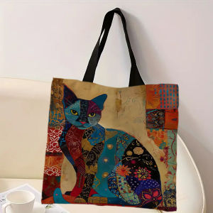 Cat Floral Design Handbag Retro Pattern Decorative Tote Bag Daily Casual Use Shoulder Bag Large Capacity Practical Shopping Bag