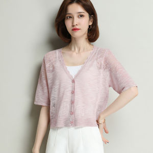 Womens Knitted Ice Silk Linen Half Skirt Short Open Cardigan Summer Outerwear V-Neck Five-Sleeve Thin Loose Fit Fashion