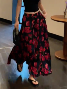 MANMI | French Retro Red Floral A-Line Skirt