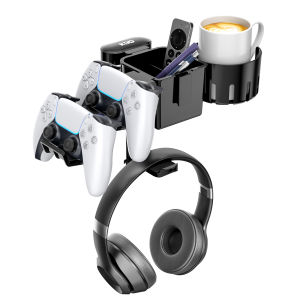 KDD 5 in 1 Desk Controller Holder - Rotating Headphone Hanger with Cup Holder - Clamp On Desk Organizer Holds Controller Headphone Cup Mobile phone and Pen(Black)