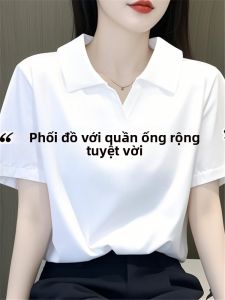LINGLONGDAI | Áo thun cổ polo tay ngắn màu trắng cotton nguyên chất cho nữ mùa hè 2025 Áo thun dáng rộng thon gọn giảm tuổi tác