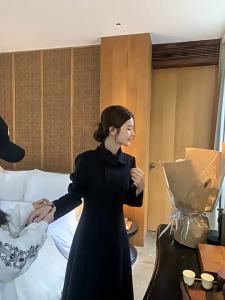 CHOUXIE | Chic Hepburn Style Black Wool Coat Mid-Long