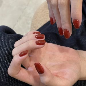 Cherry Color Nail Wearable False Nails Short Style Handmade Wedding New Year 2024 Maternity Womens Beauty Tools And Products
