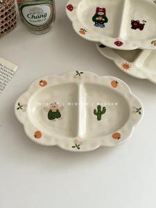 Ceramic Floral Edged Two-Compartment Breakfast Plate High Aesthetic Value Sugar Miss Ins Style Individual Meal Divided Plate